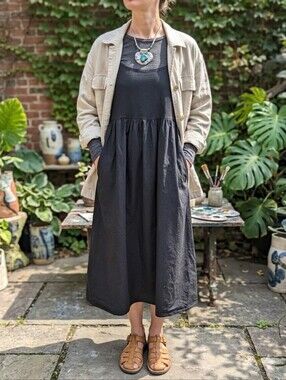 Petrod Black Empire Waist Midi Dress XS Pockets Minimalist Witchy Lagenlook
